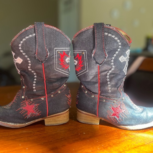 Joe Boots | Rustic Leather & Denim Cowboy Boots, Red Trim, Kid Size 11 - Picture 5 of 10